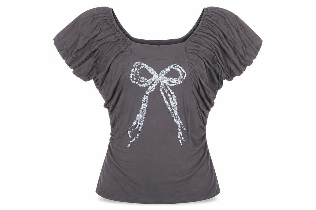 Karinna Grey Women's Top Size 14 with Bow Accent