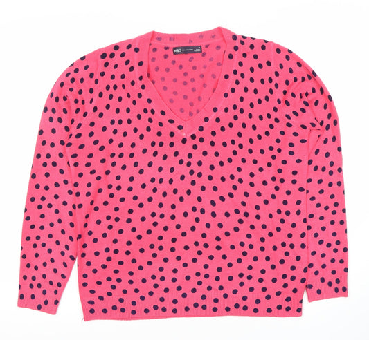Marks and Spencer Women's Pink Polka Dot V-Neck Jumper M