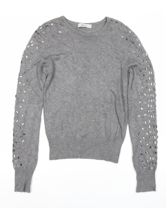 Zara Women's Grey Studded Pullover Jumper Size M