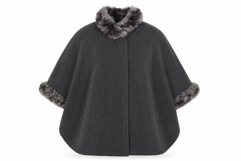 Bonmarché Women's Grey Faux Fur Trim Cape, S/M