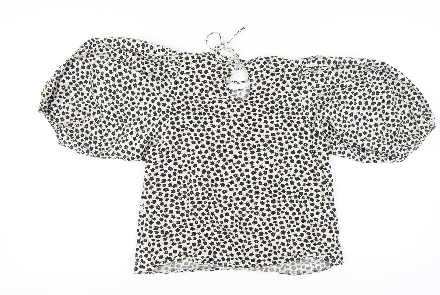 H&M Women's Ivory Floral Blouse, Size S, Puff Sleeve