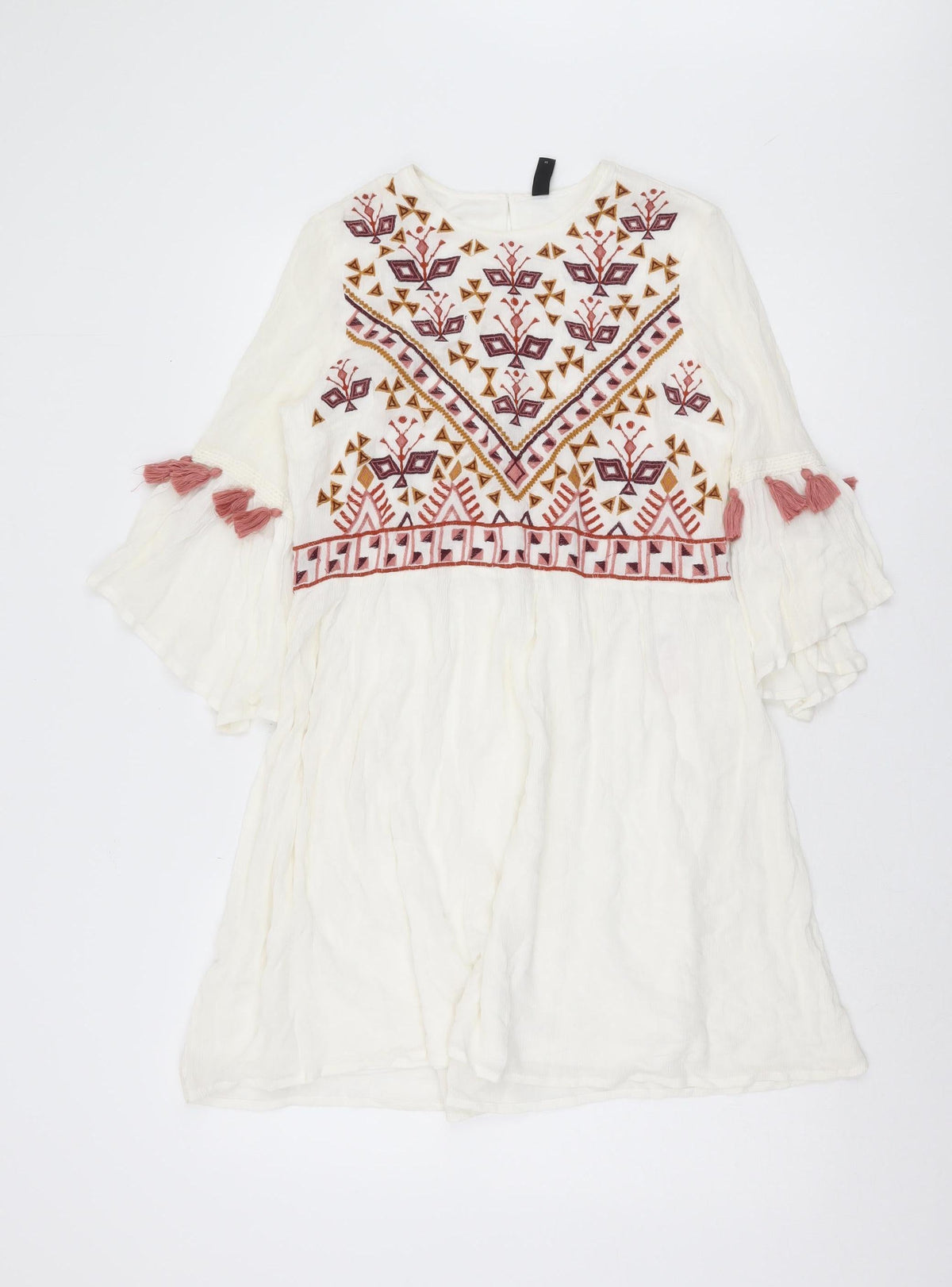YAS Women's Ivory Embroidered Tunic Dress XS 3/4 Sleeve