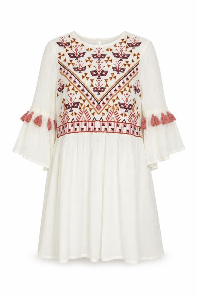 YAS Women's Ivory Embroidered Tunic Dress XS 3/4 Sleeve