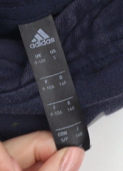 Close-up detail of Adidas boys’ blue pullover hoodie 9-10 years