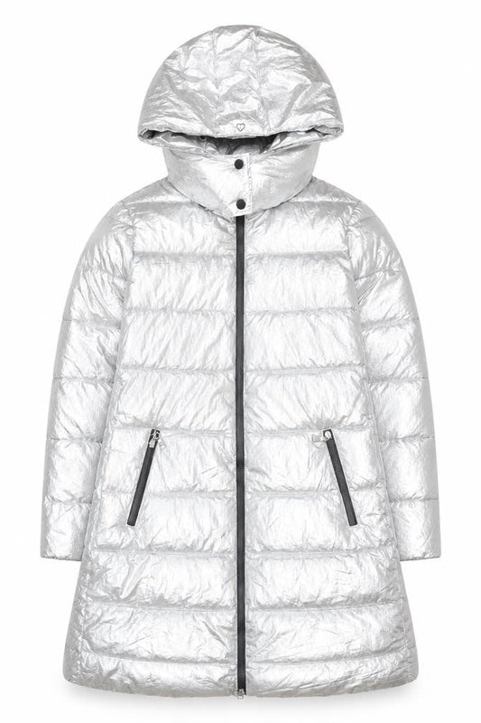 MY TWIN TWINSET Women's Silver Puffer Coat M Hooded Winter