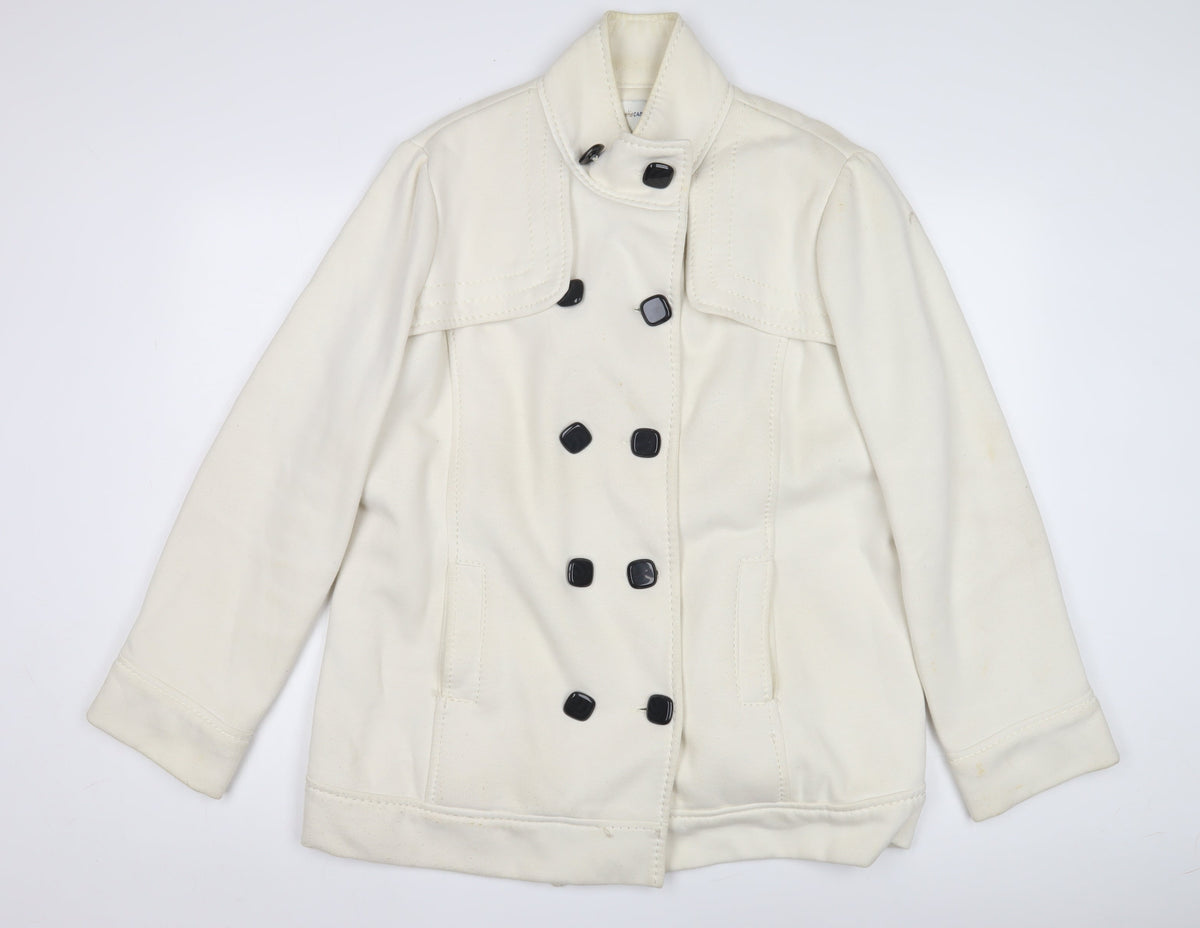 BHS Women's White Cotton Pea Coat, Size M, Double-Breasted