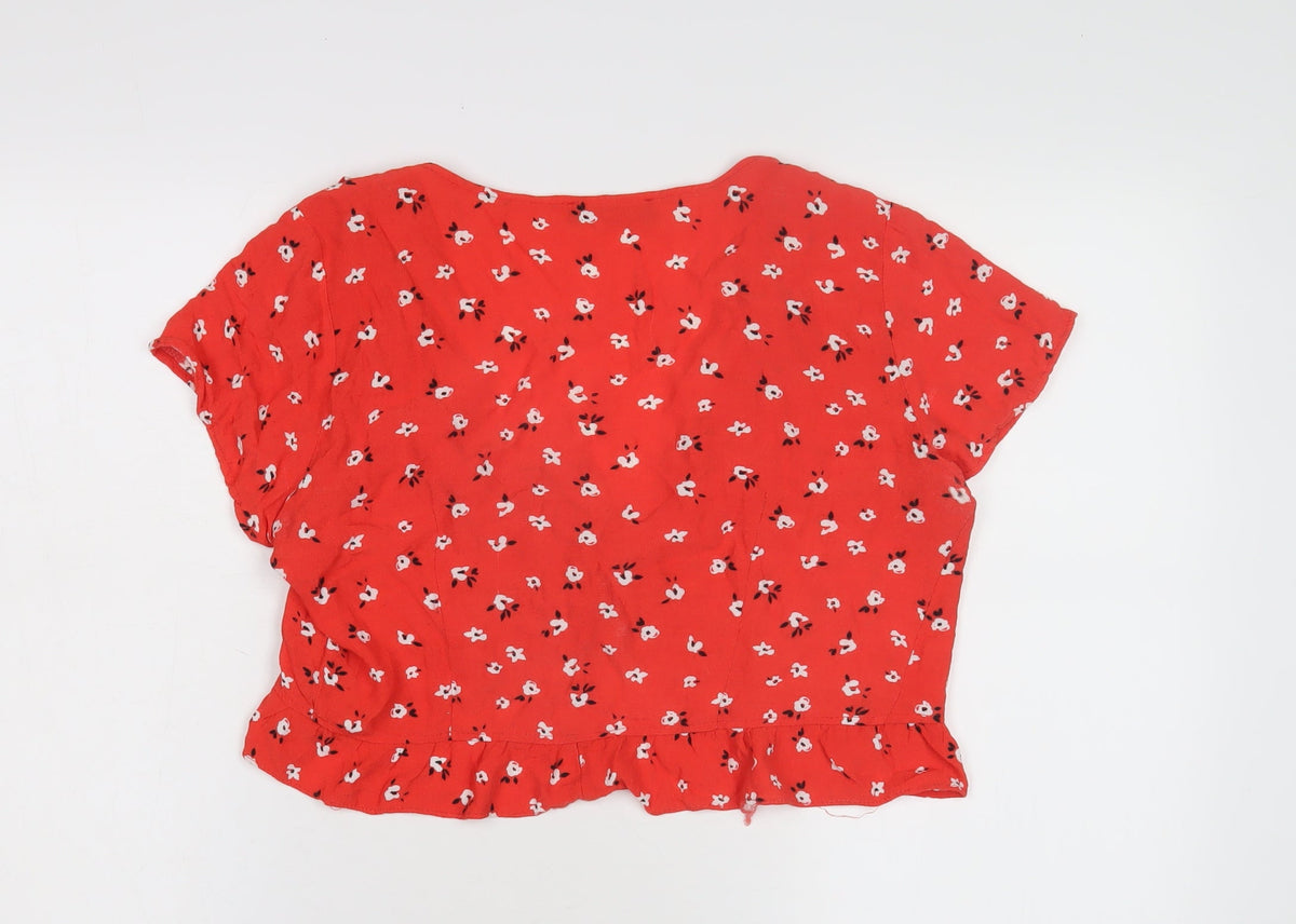 Bershka Women's Red Floral Ruffle Tie Shirt, Size M