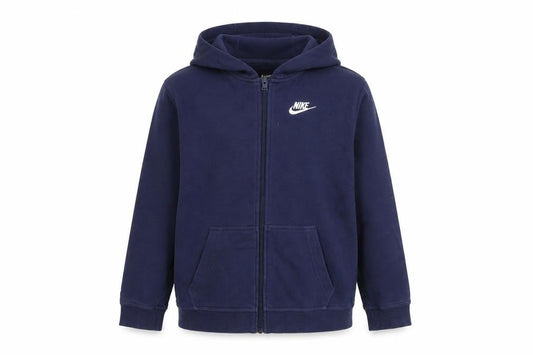 Front view of Nike boys’ blue xl full zip hoodie, sports logo, hooded