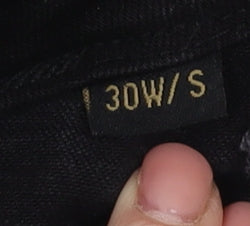 Brand and care label for LUKE Men's Black Skinny Jeans, size S, 30W