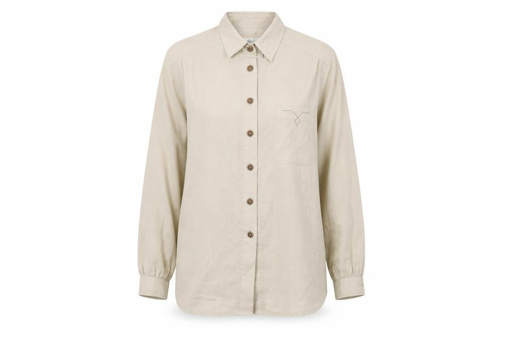 Delmod Women Beige Button-Up Shirt Size 12 Collared