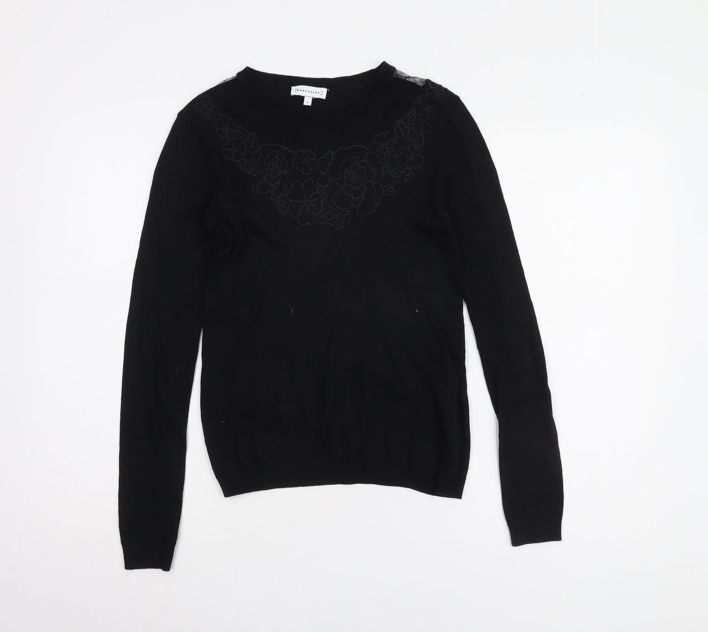 Warehouse Women's Black Crew Neck Lace Jumper Size 8