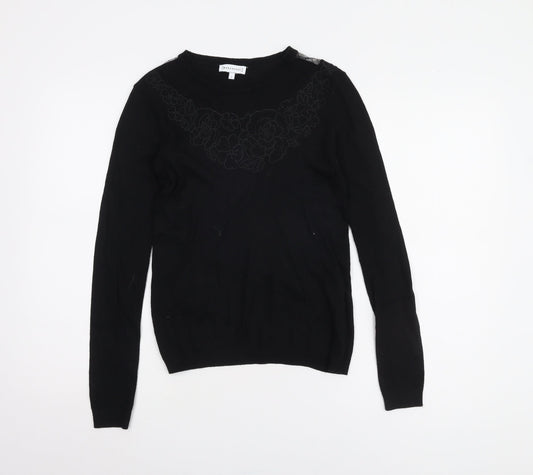 Warehouse Women's Black Crew Neck Lace Jumper Size 8