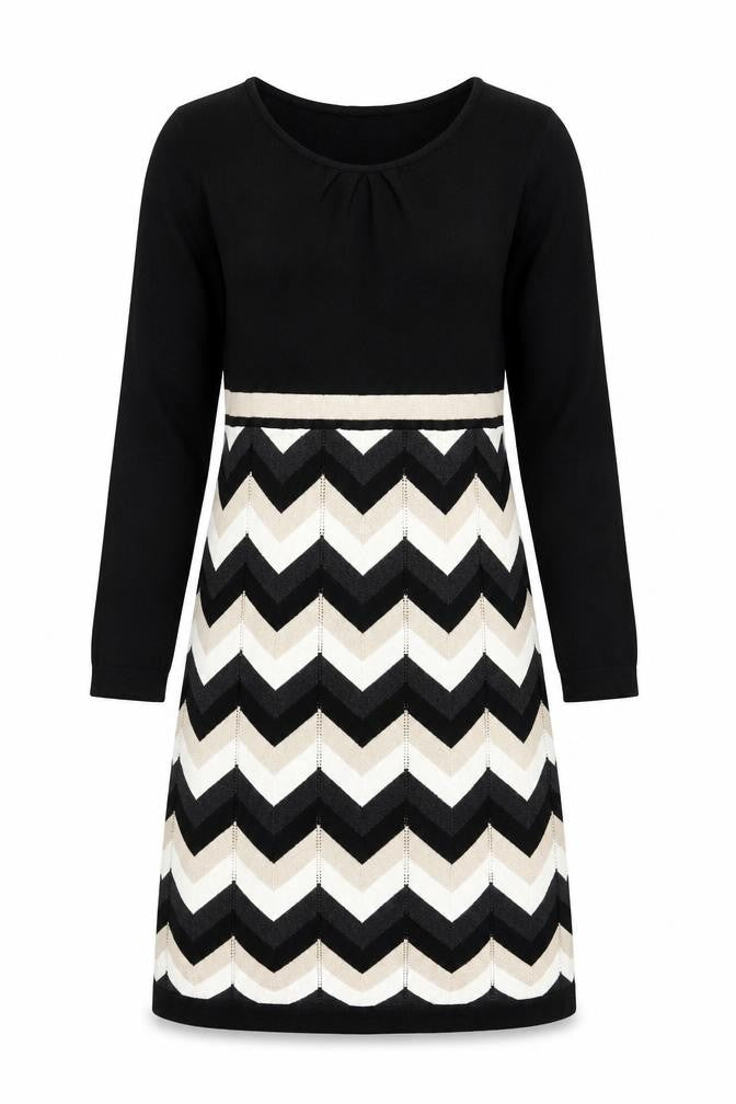 Spense Women's Chevron Knit Dress, Black & Beige, M