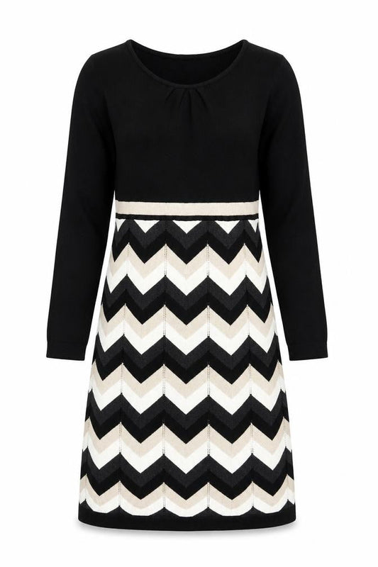 Spense Women's Chevron Knit Dress, Black & Beige, M