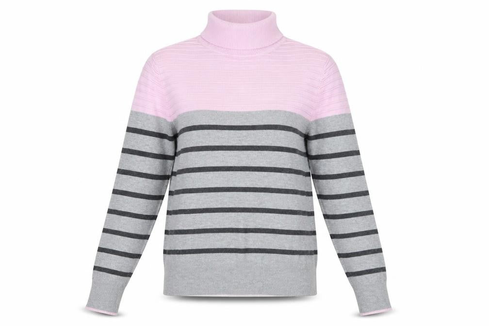 Austin Reed Women's Pink Striped Roll Neck Jumper - Size S