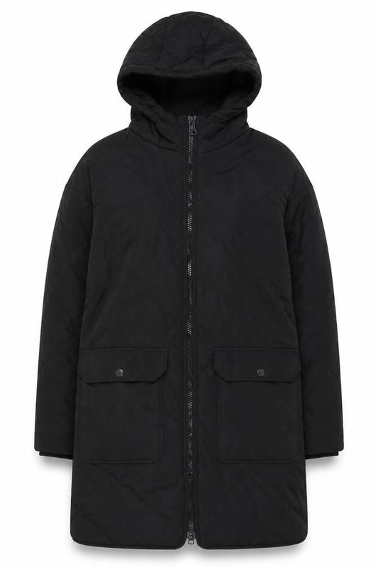 H&M Women's Black Quilted Coat XS, Hooded & Warm