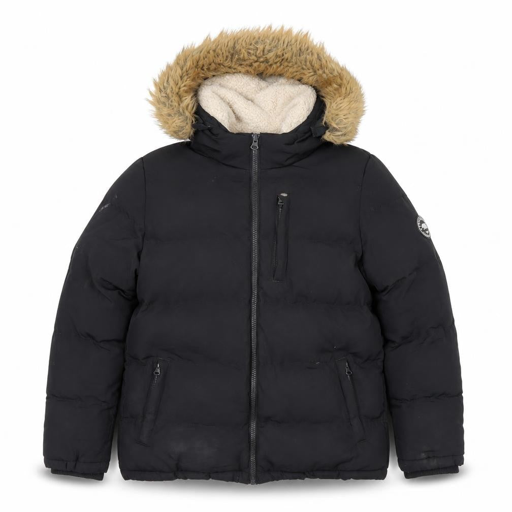 SoulCal & Co Black Girls' Puffer Jacket Size 13 Years with Fur Hood