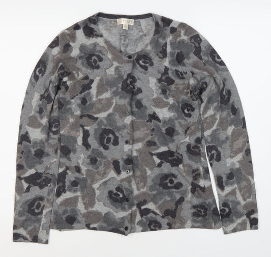 KENAR Women's Grey Floral Cardigan M, Long Sleeve, Button Accents