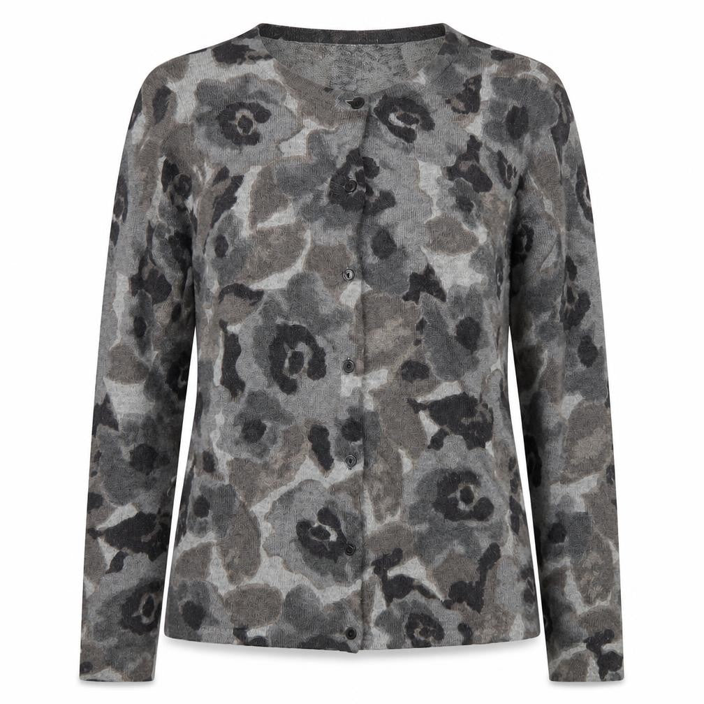 KENAR Women's Grey Floral Cardigan M, Long Sleeve, Button Accents