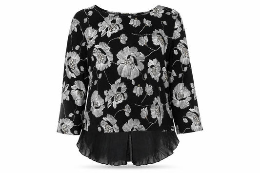 Front view of Saloos Floral Tunic Top in Black, size 14