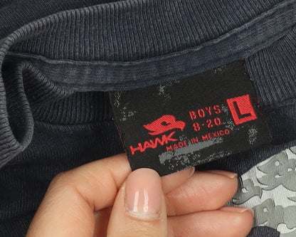 Brand and care label for Hawk boys’ blue sweatshirt l long sleeve graphic