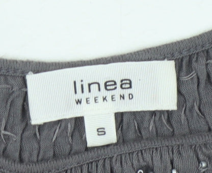 Close-up detail of Linea Weekend Women's Grey T-Shirt, size S, Short Sleeves