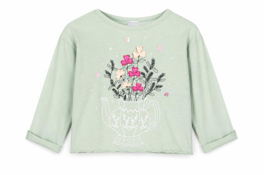 Front view of Rose & Wilde girls’ green embroidered t-shirt 4 years