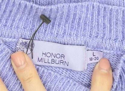 Brand and care label for Honor Millburn Women's Purple Cable-Knit Jumper L