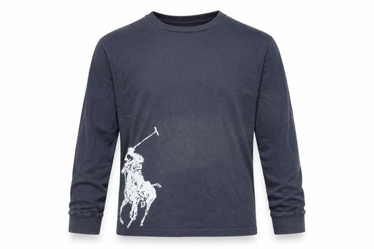 Front view of Polo Ralph Lauren boys’ blue long sleeve shirt, size M, cotton