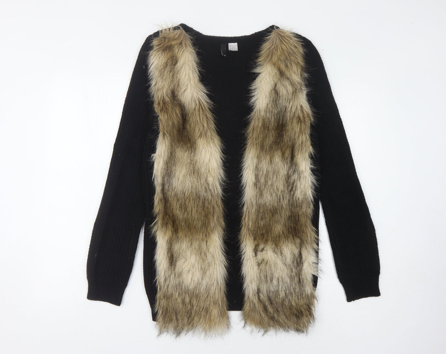 H&M Women's Black Fur Trim Open Front Cardigan Size 4
