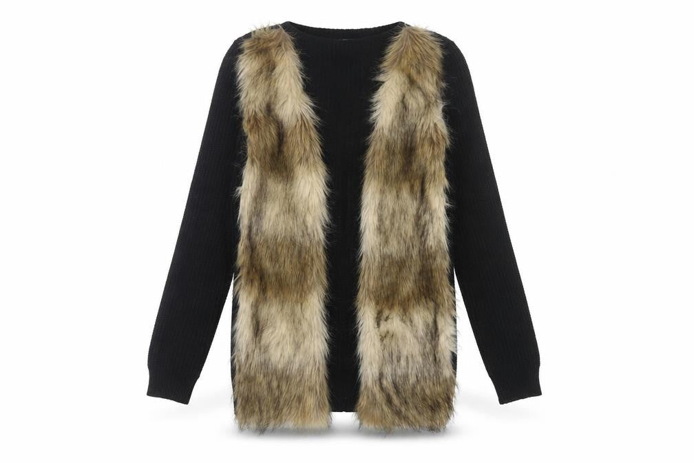H&M Women's Black Fur Trim Open Front Cardigan Size 4