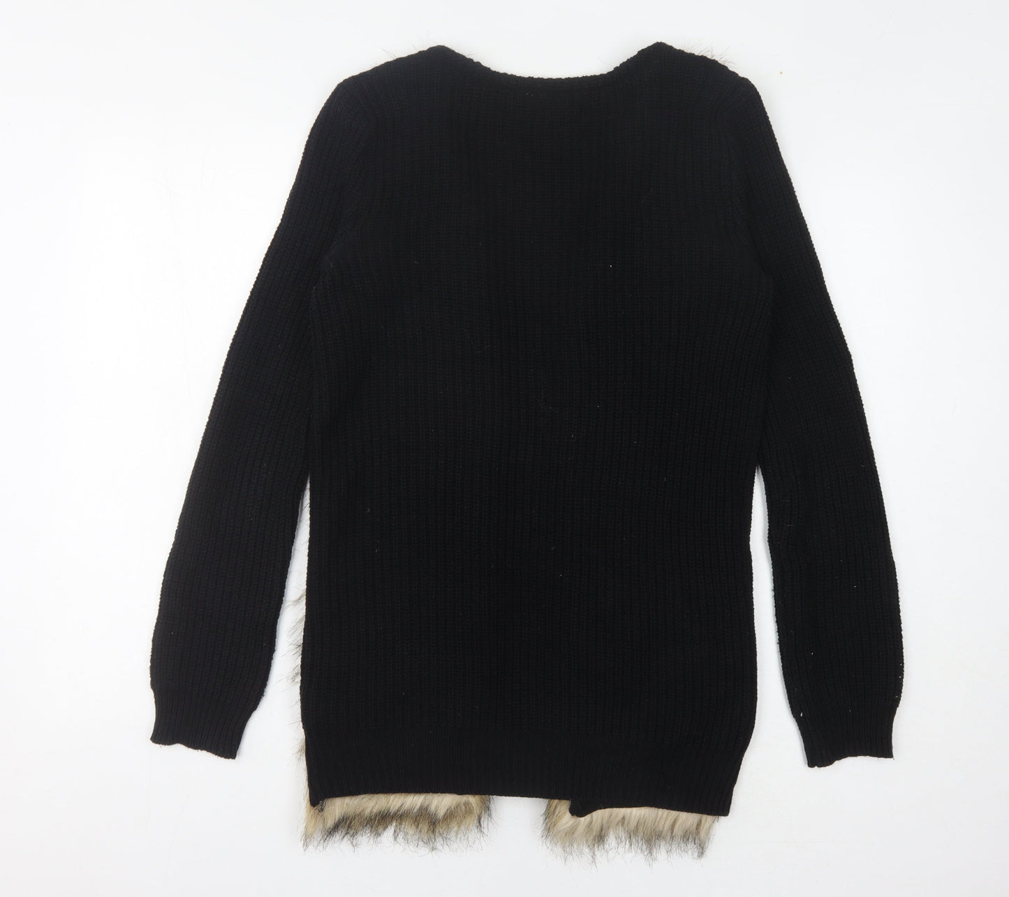 H&M Women's Black Fur Trim Open Front Cardigan Size 4