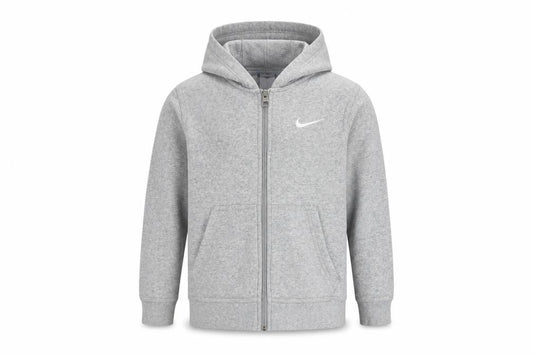 Front view of Nike boys’ grey full zip hoodie, 8-10 years, logo accent