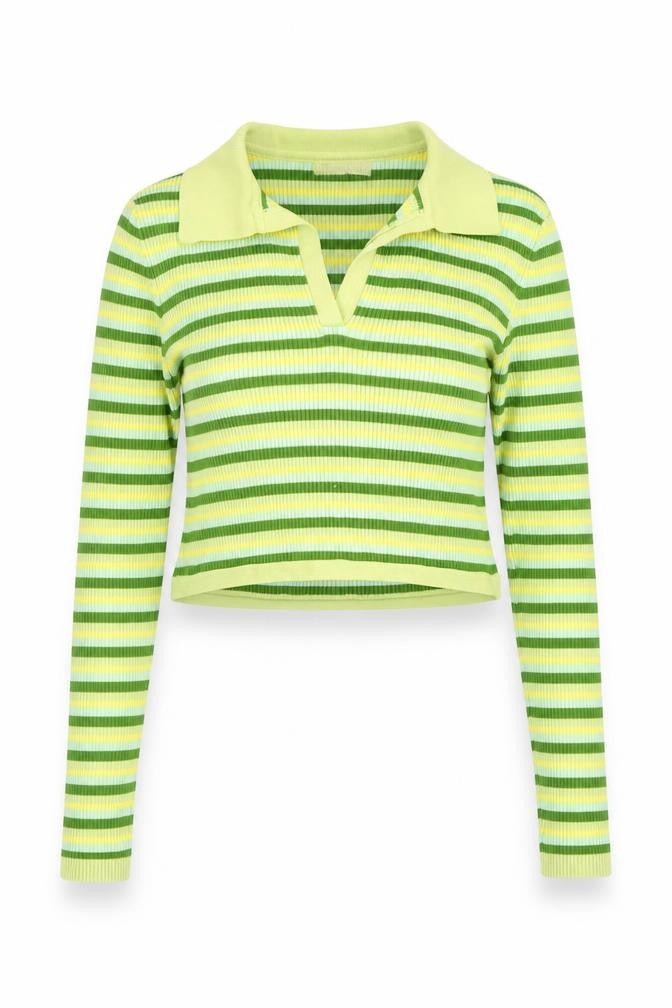 STR Women's Green Striped Cropped Blouse, Size 6