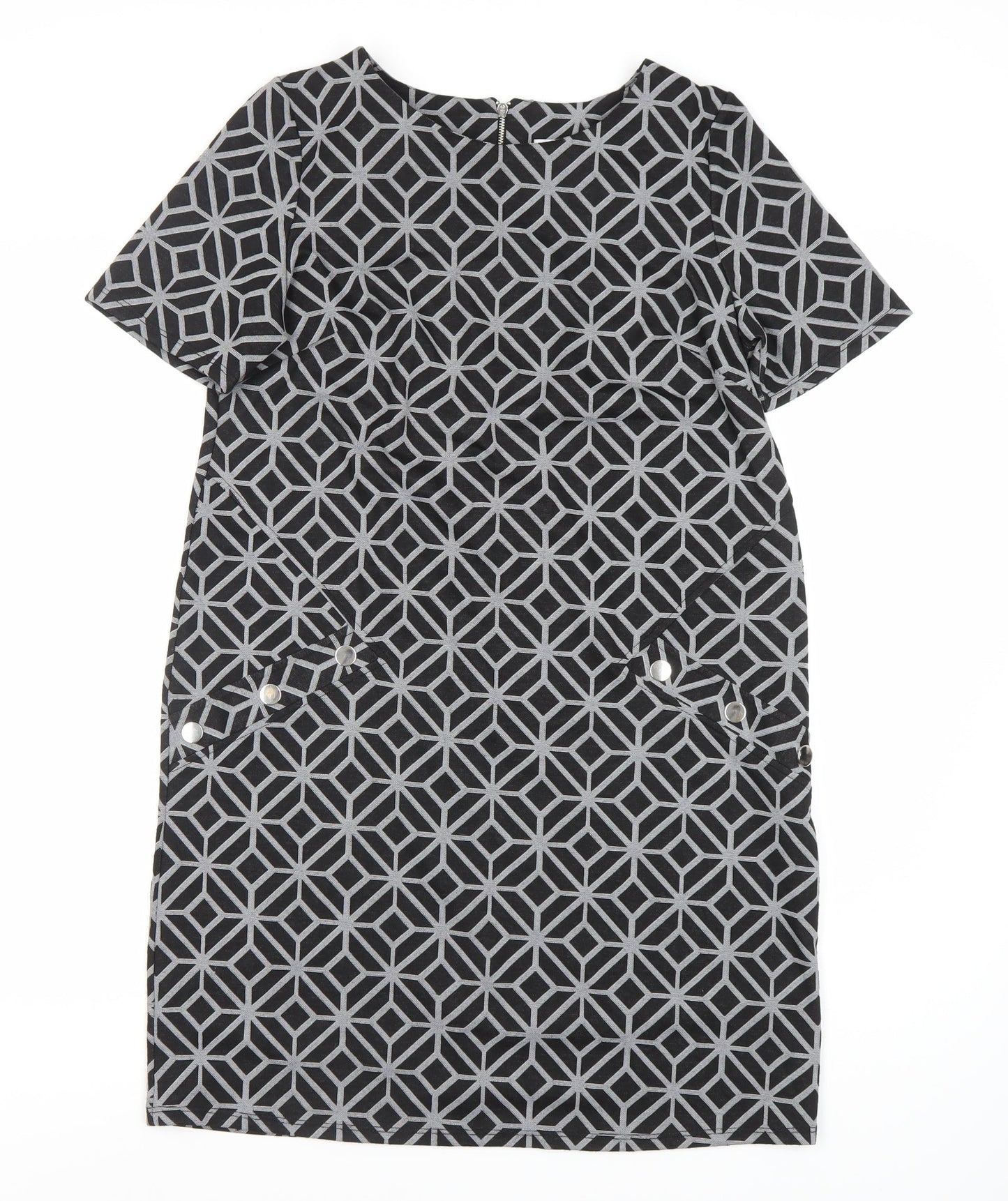 Wallis Black Geometric Sheath Dress - Size 12