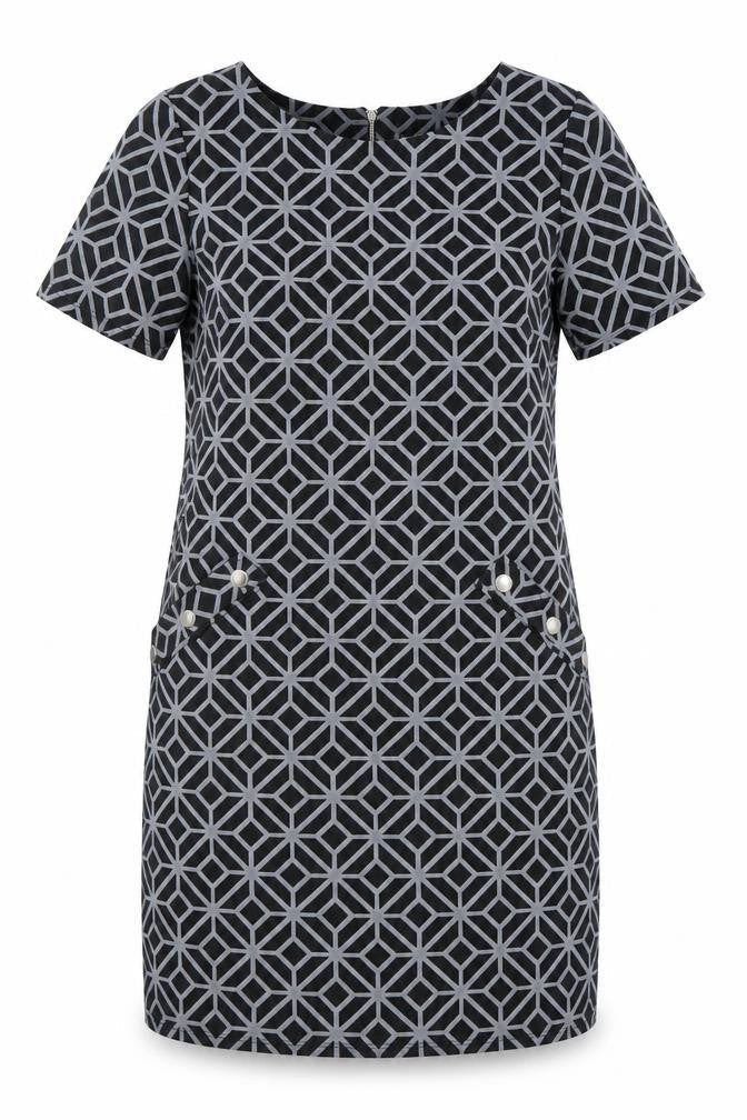 Wallis Black Geometric Sheath Dress - Size 12