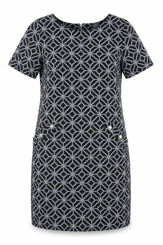 Wallis Black Geometric Sheath Dress - Size 12