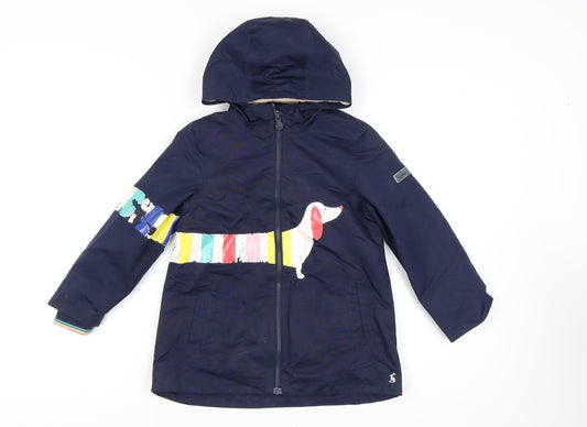 Joules Girls Blue Hooded Parka Jacket, 7 Years, Animal Print