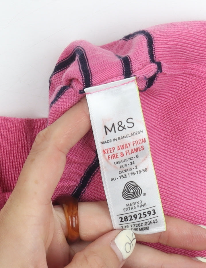Marks and Spencer Women's Pink Striped Roll Neck Jumper