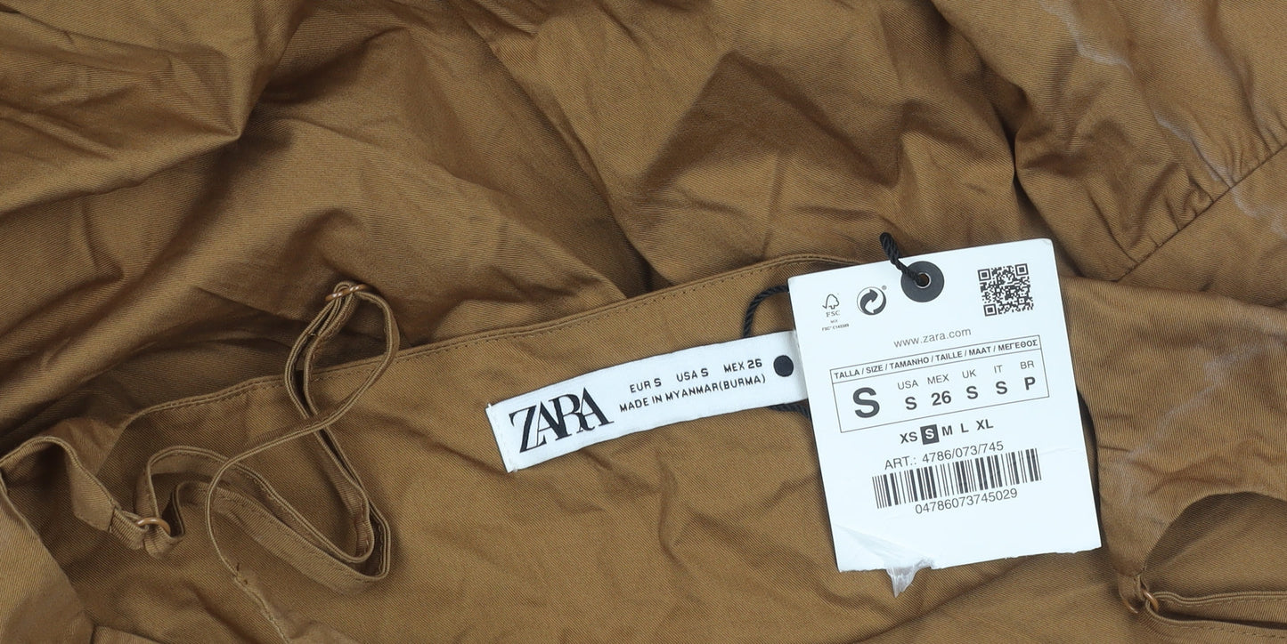 Zara Women's Brown Cotton Sleeveless Dress S