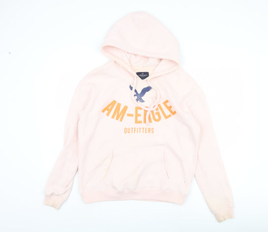 American Eagle Women's Pink Hooded Graphic Pullover M