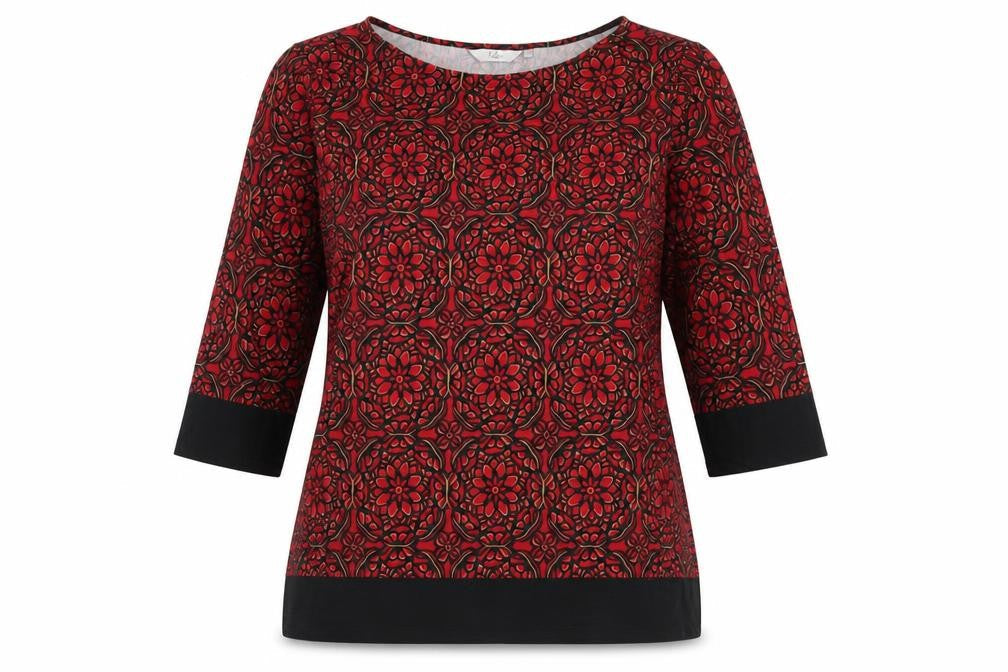 Isle Women's Red Floral Print 3/4 Sleeve Top