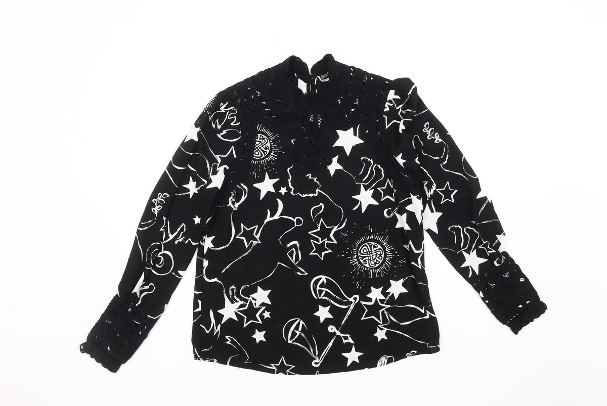 BIBA Women's Black Star Print High Neck Blouse, Size 10