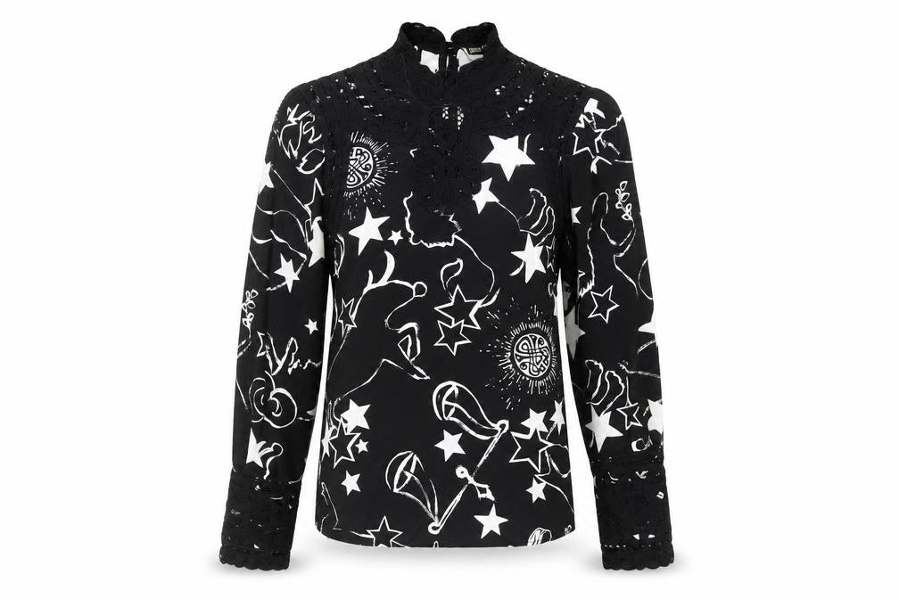 BIBA Women's Black Star Print High Neck Blouse, Size 10