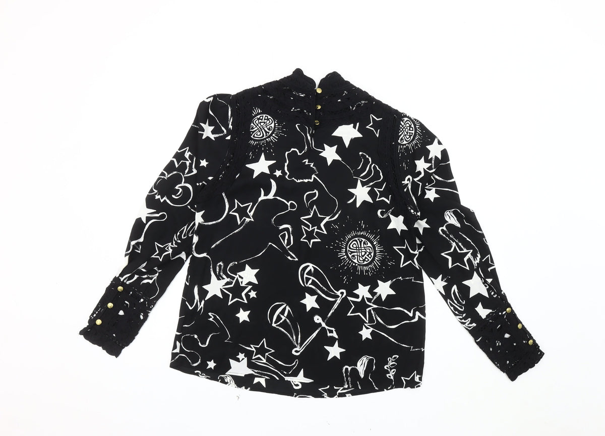 BIBA Women's Black Star Print High Neck Blouse, Size 10