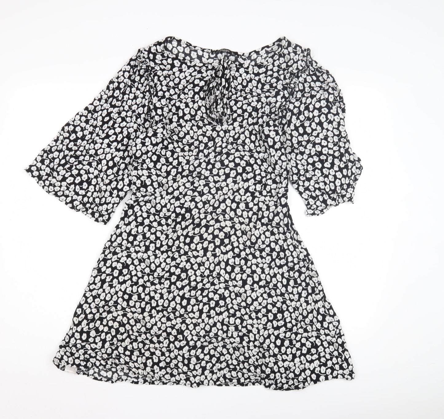 Mango Women's Black Floral Dress Size 12 Flared Sleeves
