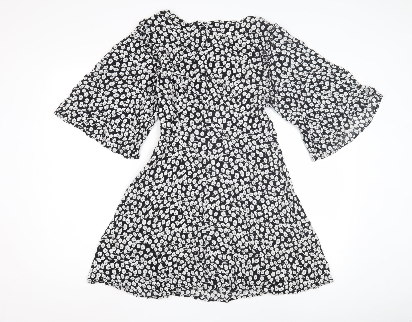 Mango Women's Black Floral Dress Size 12 Flared Sleeves