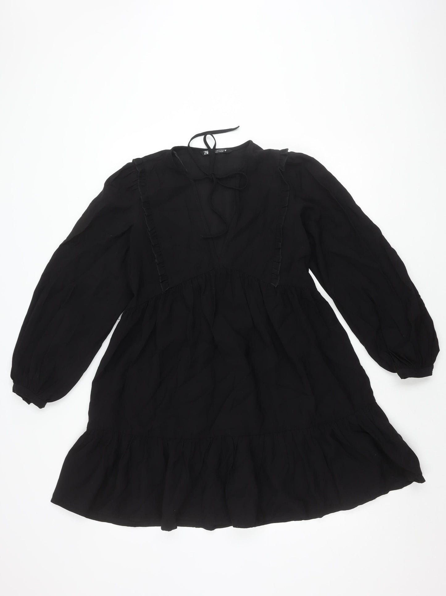Zara Black V-Neck Puff Sleeve Dress XS