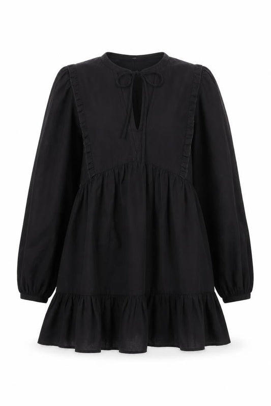 Front view of Zara Black V-Neck Puff Sleeve Dress XS