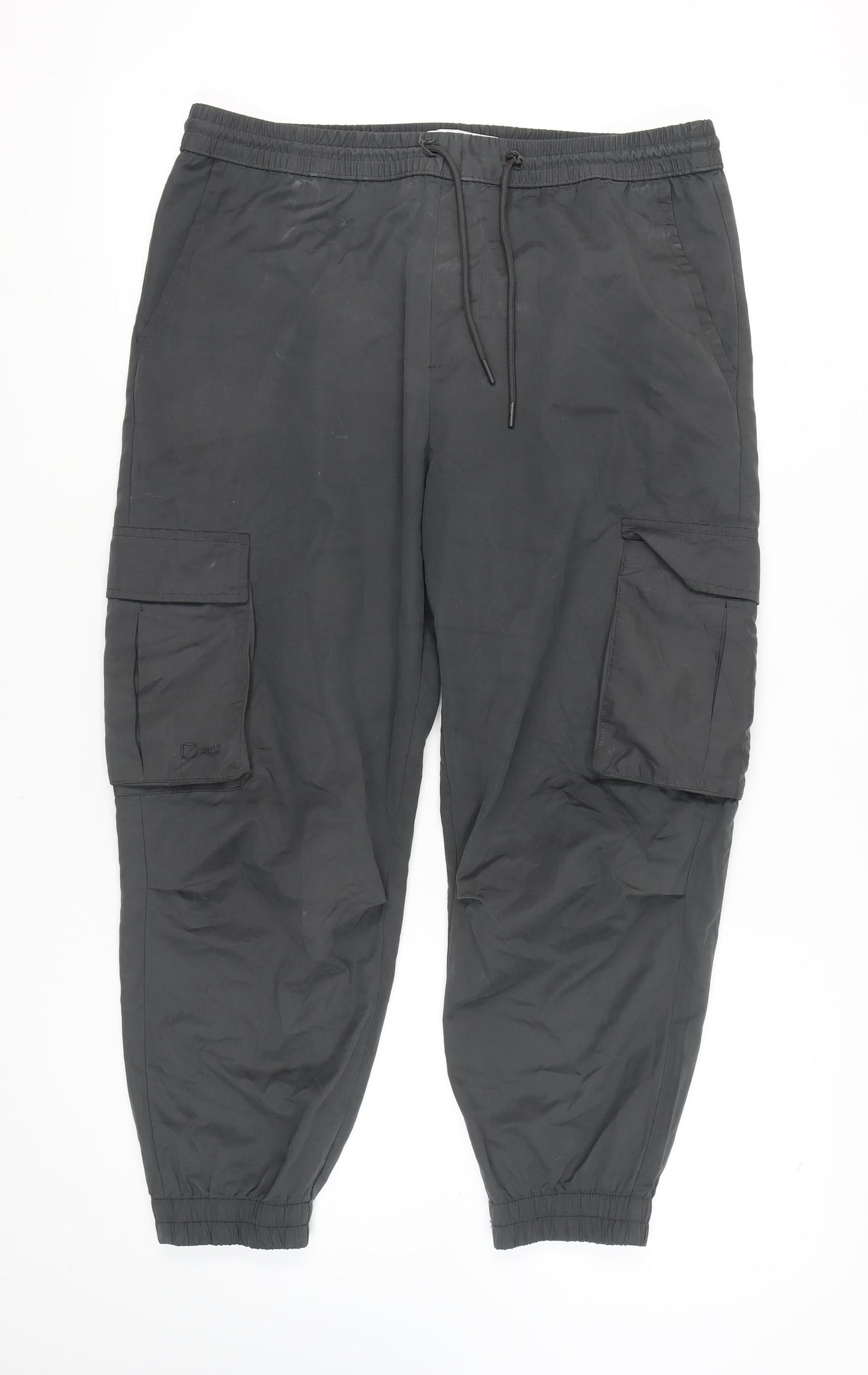 Zara Unisex Black Cargo Trousers, Size L, Elastic Waist
